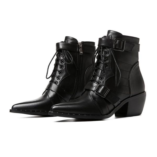 

mstacchi fashion cow leather boots woman chunky heels western ankle boots ladies metal buckle lace-up booties mujer 2020, Black
