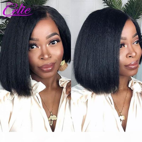 

kinky straight bob wig human hair wigs 150 density 13x4 lace front human hair wigs for black women celie yaki bob lace front wig, Black;brown