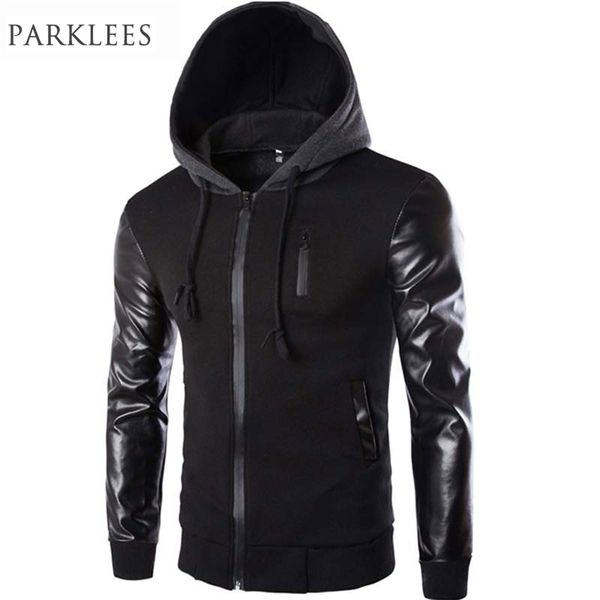 

cool hooded jacket men spring fashion pu leather sleeve splice bomber jacket casual windbreaker blouson veste sweat homme 201218, Black;brown