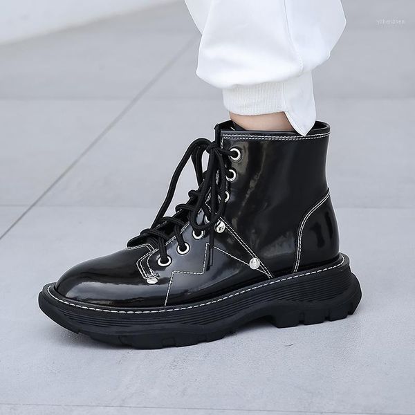 

boots sklfgxzy autumn and winter genuine leather female lace-up women's leisure style shoes size 34-401, Black
