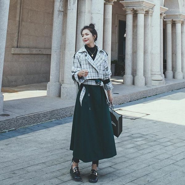 

windbreaker women's long 2020 spring autumn new casual green plaid jacket high-quality temperament women trench coat1, Tan;black