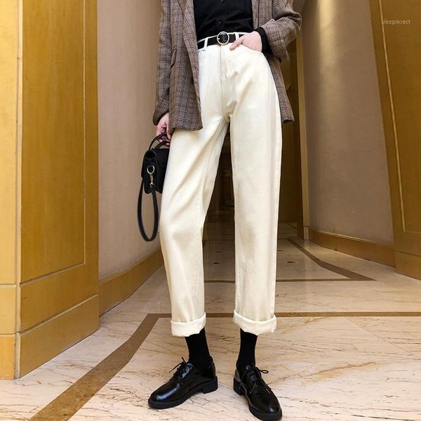 

vintage high waist cotton jeans woman casual plus size boyfriend jeans women washed beige black femme1, Blue