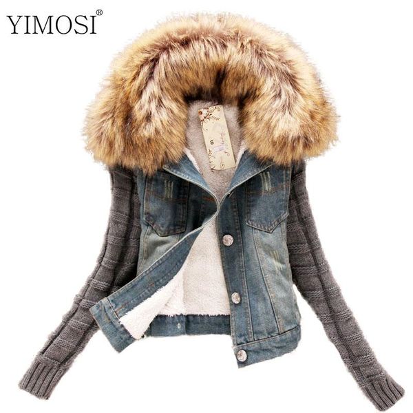 

4xl autumn winter fur collar women denim jacket coat plus size casual knitted sleeve jean coat 2020 vintage cotton outwear, Black;brown