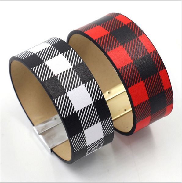 

buffalo plaid pu leather bracelet women's black red checkered wrist band christmas girls retro leather plaid wristlet wide bangle e1207, Red;brown