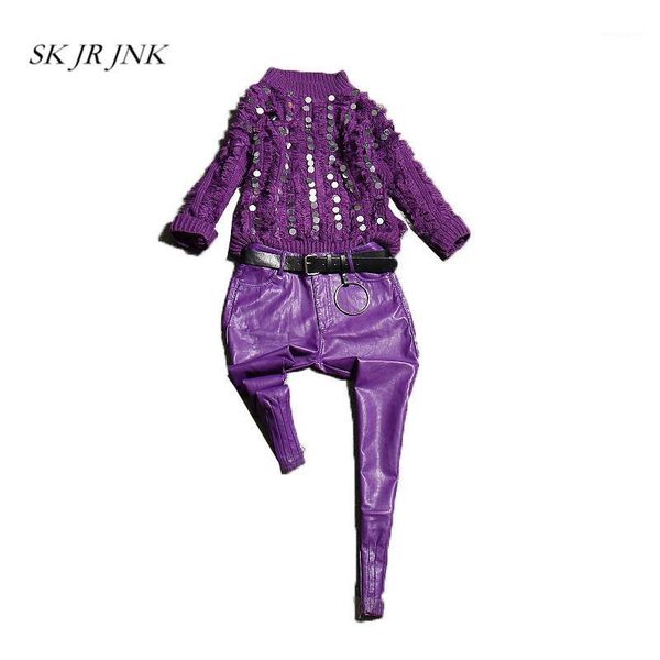 

summer outfits for women fashion casual sequins sweaters pullovers suits female long sashes leather pants 2 piece sets sr4161, White