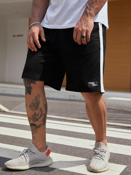 

extended sizes men letter patched shorts s0zw#, Black