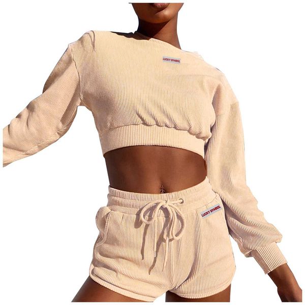 

2-piece outfit cozy sport fitness women's round neck pullover casual comfortable long sleeve navel sports set, White;black