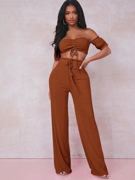 

sxy off shoulder drawstring ruched front crop & paperbag waist pants set d8l2#, White