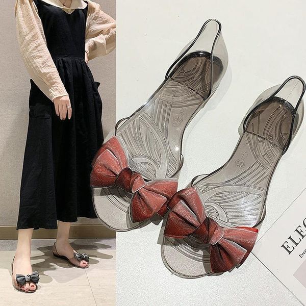 

flat sandals ladies summer sweet bow transparent toe sandals fish mouth beach plus size 35-41 womens shoes1, Black