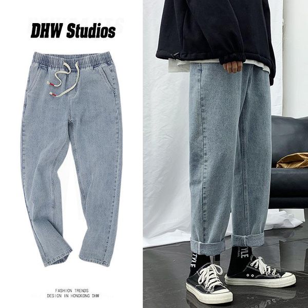 

jeans for men elasticized waist loose-fitting straight leg pants for teens casual elasticized hip hop wide leg long vintage jean, Blue