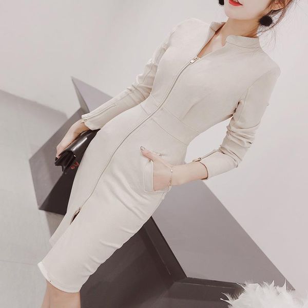 

new autumn woman clothes elegant dress zipper long sleeve solid color stand-up collar dresses fashion fall 2020 women clothing, Black;gray