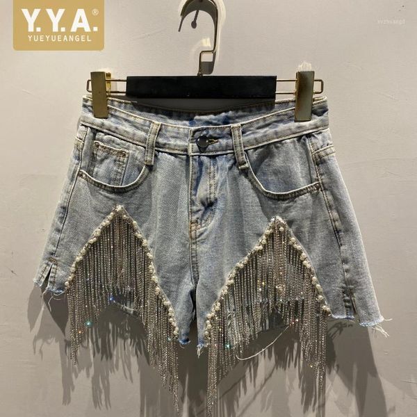 

high street denim shorts women asymmetrical crystal tassel pearls retro jeans summer ants high waist wide legged shorts1, Blue