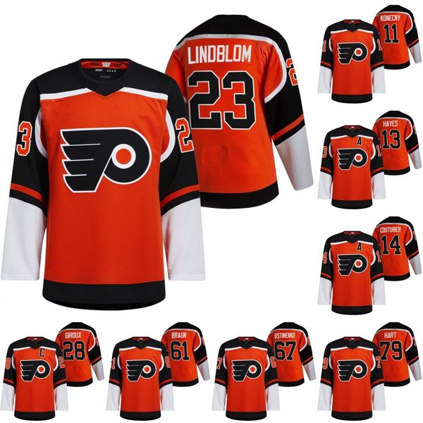 

23 oskar lindblom philadelphia flyers 2021 reverse retro claude giroux carter hart kevin hayes travis konecny sean couturier braun jersey, Black;red