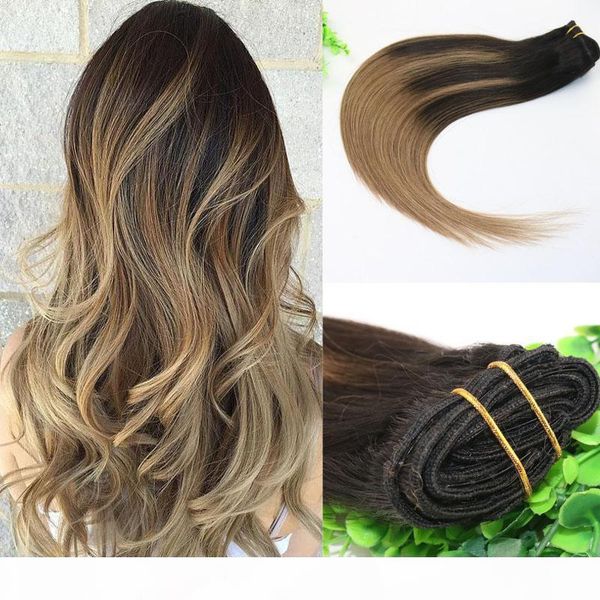 

8a 7pcs full head clip in human hair extensions ombre dark brown to medium brown highlights hairstyle, Black