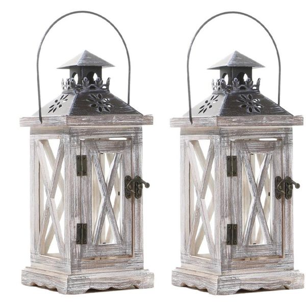 

2 pack decorative lantern candle holder wooden rustic style for table mantle wall hanging decor indoor outdoor use