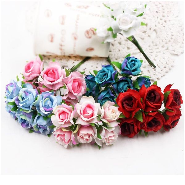 

6pcs/lot 2.5cm mini silk rose artificial flower bouquet diy craft wreath scrapbook fake flower for wedding home party de jlllng