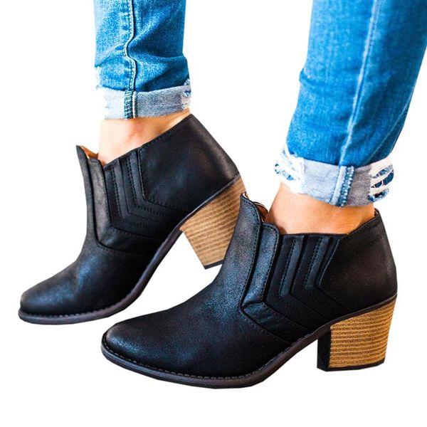 

boots autumn female short cylinder pu leather high heels women ankle casual shoes, Black