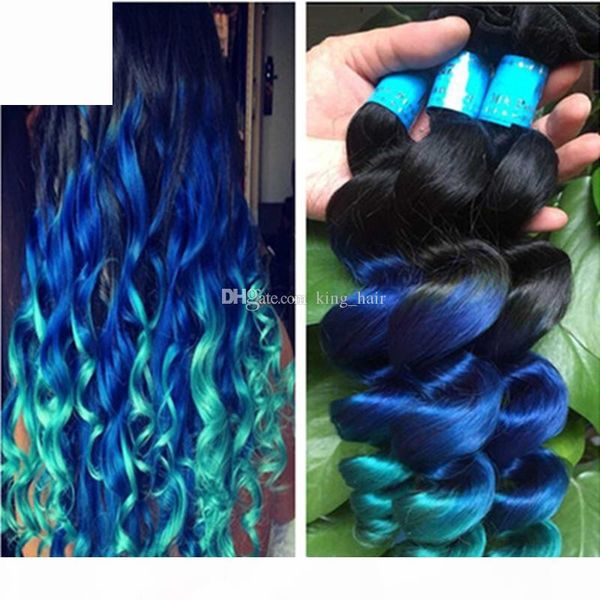 

virgin 9a #1b blue green human hair weft dark root loose wave hair extension ombre color 1b blue green hair 3 bundles, Black