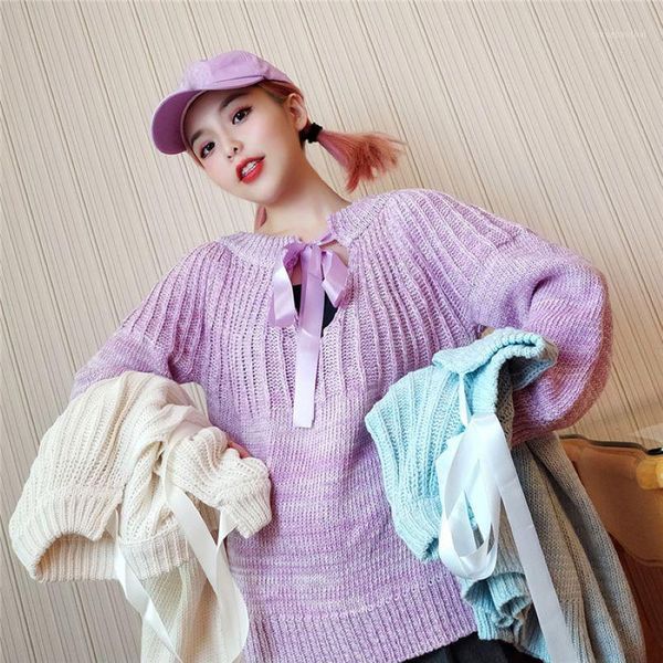 

lucyever autumn winter new lace up solid knitted sweater women simple long sleeve loose sweaters woman female casual pullover1, White;black