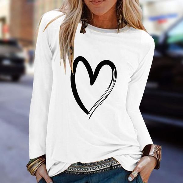 

women autumn t shirt tshirt casual heart print tshirts o-neck long sleeve pullovers loose t-shirt poleras mujer de moda 2020, White