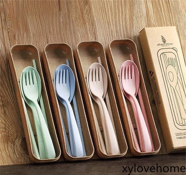 

3pcs/set new portable wheat straw spoon fork chopsticks set tableware eco-friendly 4 colors reusable travel camping cutlery flatware sets
