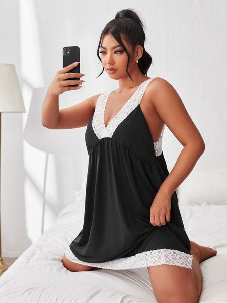 

plus contrast lace backless night dress g7lu#, Black;white