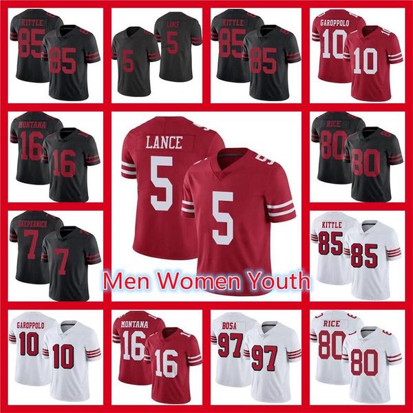 

85 george kittle jersey 97 nick bosa 54 fred warner 19 deebo samuel football jerseys 10 jimmy garoppolo 5 trey lance 16 joe montana jerry ri, Black;red