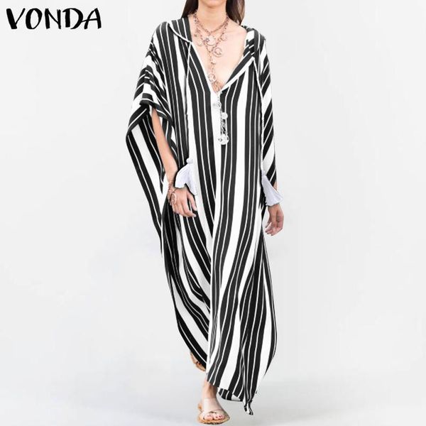 

vonda woman bohemian dress 2020 summer v neck printed long dresses casual loose party beach sundress plus size vestidos1, Black;gray