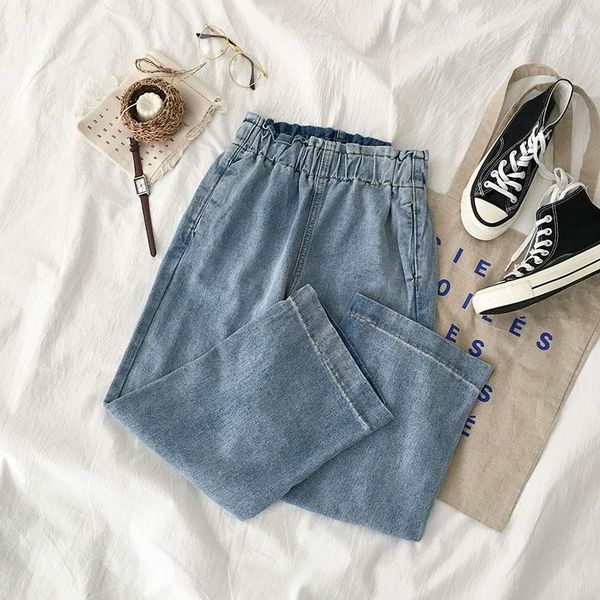 

loose ruffles wide leg women jeans solid blue ankle length casual all match