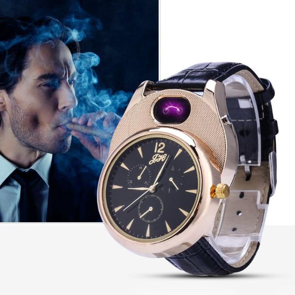 

wristwatches watches men lighter casual quartz watch arc windproof flameless usb charge cigarette clock man gifts jh338 1pcs, Slivery;brown