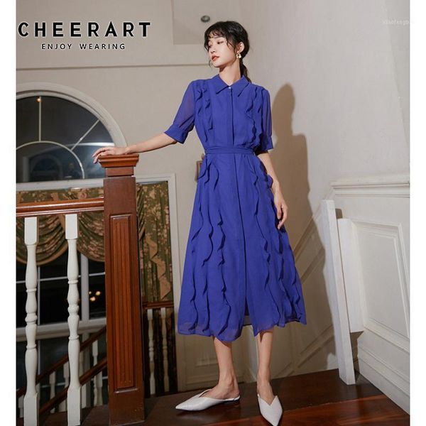 

cheerart ruffle purple chiffon long midi dress women summer 2020 short sleeve lace up button up korean designer shirt dress1, Black;gray
