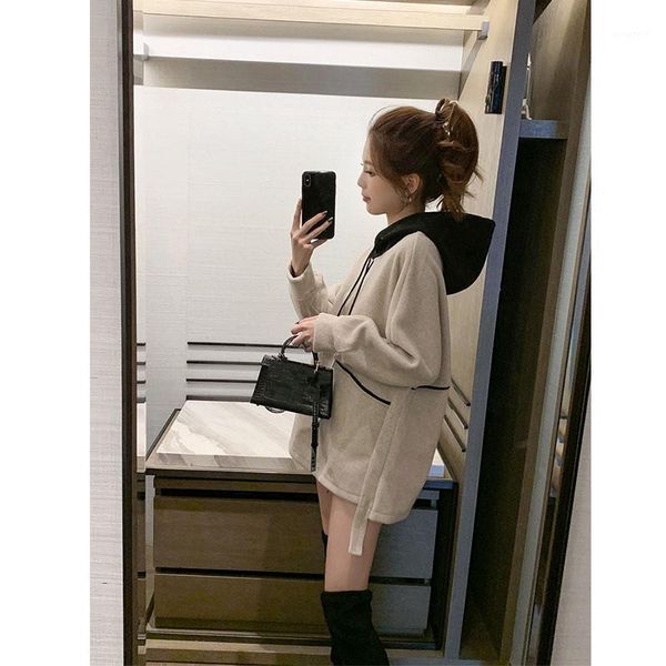 

casual hooded sweatshirts women loose contrast color hoodies o-neck large size long sweatshirts1, Black