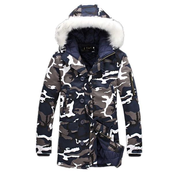 

men's down & parkas 2021 fashion thickening warm long camouflage clothes coat / male slim hooded fur collar jacket, Black