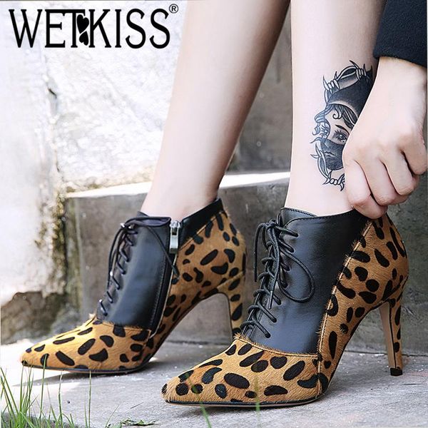

boots wetkiss leopard winter high heels women boot pointed toe horsehair footwear ankle female leather shoes 2021, Black