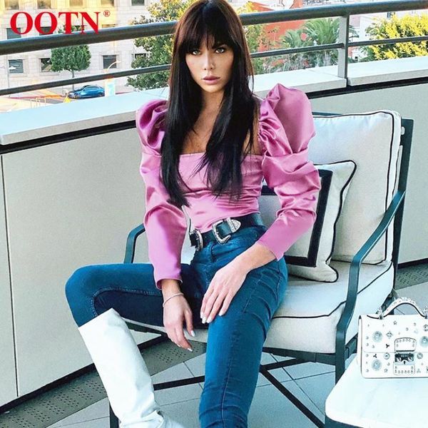 

ootn silk purple blouse puff sleeve elegant women shirt square collar slim satin blouses female spring summer shirt1, White