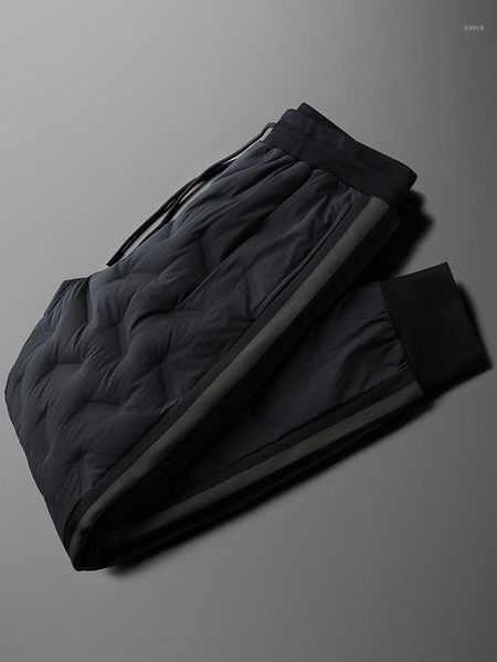 

minglu down mens pants luxury solid color elastic waist white duck down male pants winter fashion slim fit male trousers 4xl1, Black