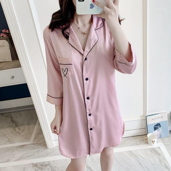 

qweek womens nightgown nightie silk shirts heart embroidery sleepwear women summer nightie satin 2020 white dress for home1, Black;red