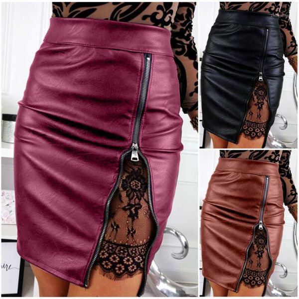 

women elegant skirts formal floral lace zipper stitching stretch high waist short pu leather bodycon mini skirt1, Black