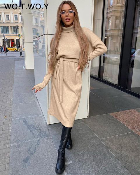 

wotwoy elegant belted turtleneck dress women autumn winter long sleeve white knitted dresses female mid-calf loose cotton dress, Black;gray