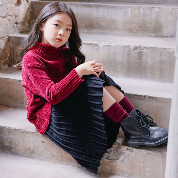 

girls' autumn winter 2020 half 12067 length knitted pleated princs skirt children's korean woolen drs, Blue