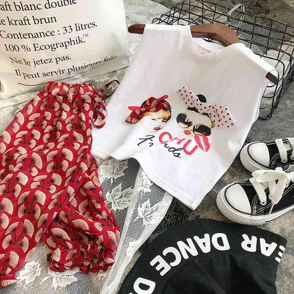 

summer girls clothing sets fashion korean cartoon bowknot vest cropped trousers 2pcs baby kids clothes suit children clothing, White