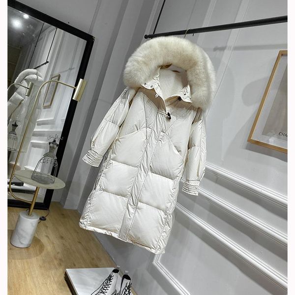 

ftlzz 2020 winter big real fur hooded jacket new women 90% duck down long coat warm snow outwear horn button loose bule parkas c1204, Black