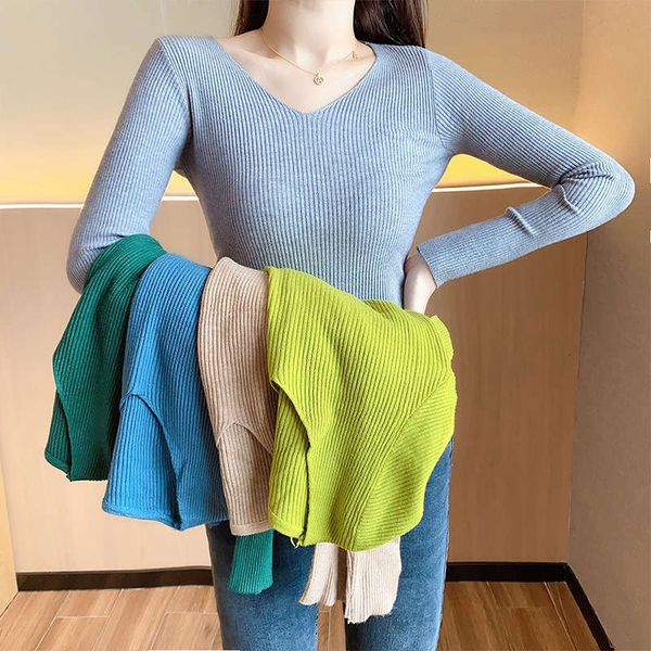 

autumn winter 2020 korean version fashion warm and slim fit solid color versatile v-neck knitted bottom sweater for women, White;black
