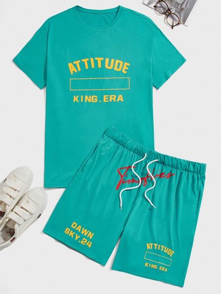 

men letter graphic tee & drawstring waist shorts x536#, Gray