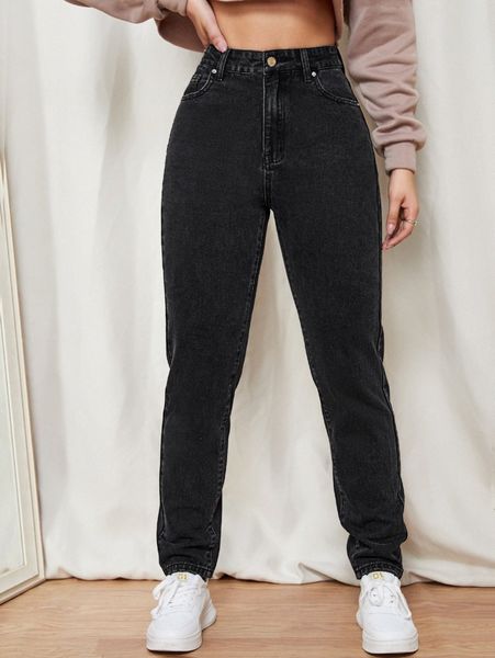 

high waisted solid zip up mom fit jeans l90l#, Blue