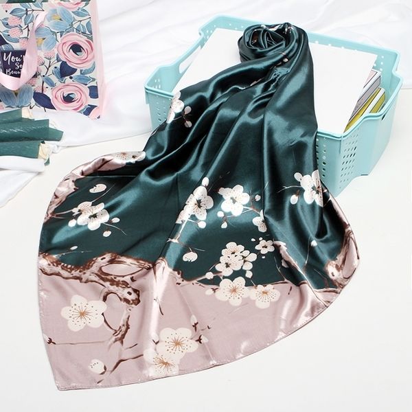 

fashion silk satin women hair scarf floral print handkerchief shawls and wraps hijab scarfs female 90*90cm neck scarves for lady t200609, Blue;gray