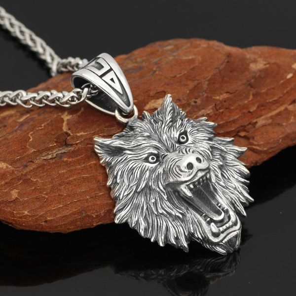 

pendant necklaces nordic viking odin wolf with head geri and freki necklace stainless steel for men valknut gift bag, Silver