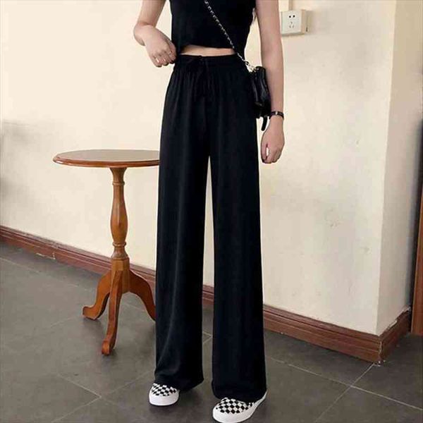 

wide leg pants women pure black lace-up korean style loose leisure high waists female spring daily trousers streetwear fall, Black;white