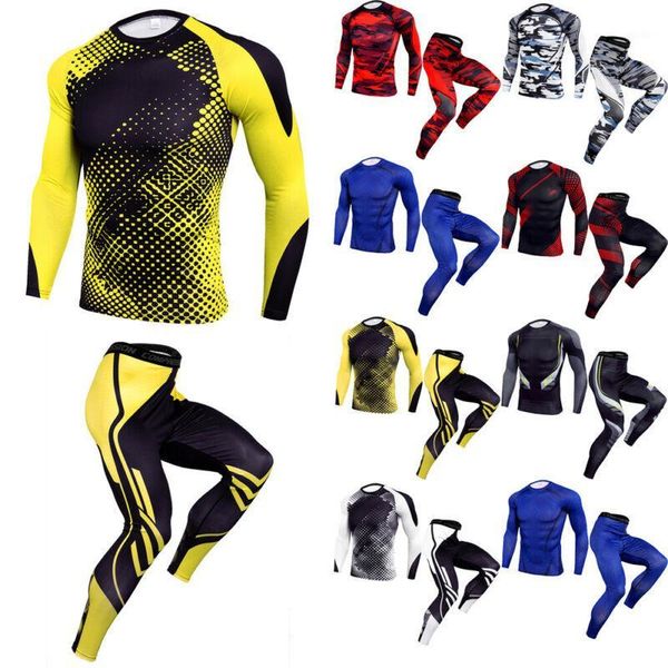 

fashion men running sets shirt pants sets compression tracksuit fitness tight running set shirt leggings mens sportswear1, Black;blue