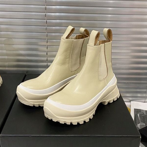

new design thick sole patchwork boots women british beige white genuine leather ankle boots winter platform shoes motorcycle boots, Black